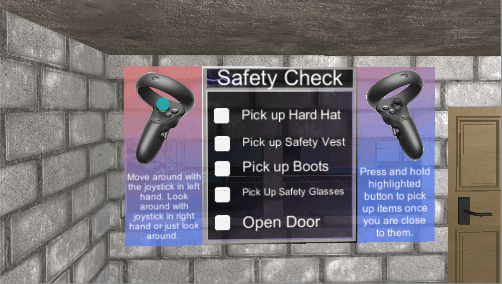A screenshot of the construction safety board within the construction training virtual reality demo